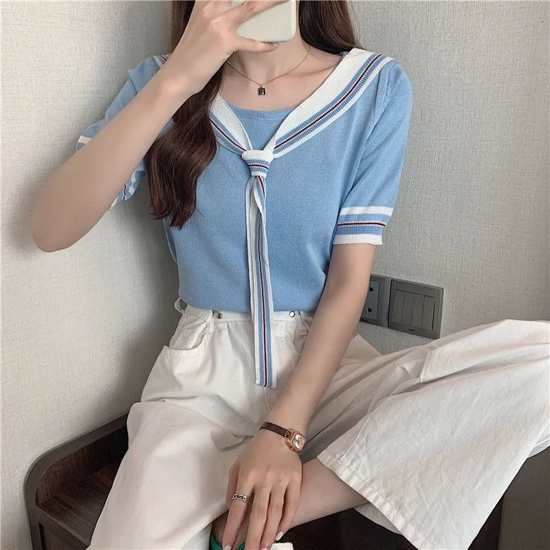 O-neck Bow Tie Striped Knitted T-shirts Women 2024 New Summer Short Sleeve Tops Students Sweet Versatile Casual Tees Female