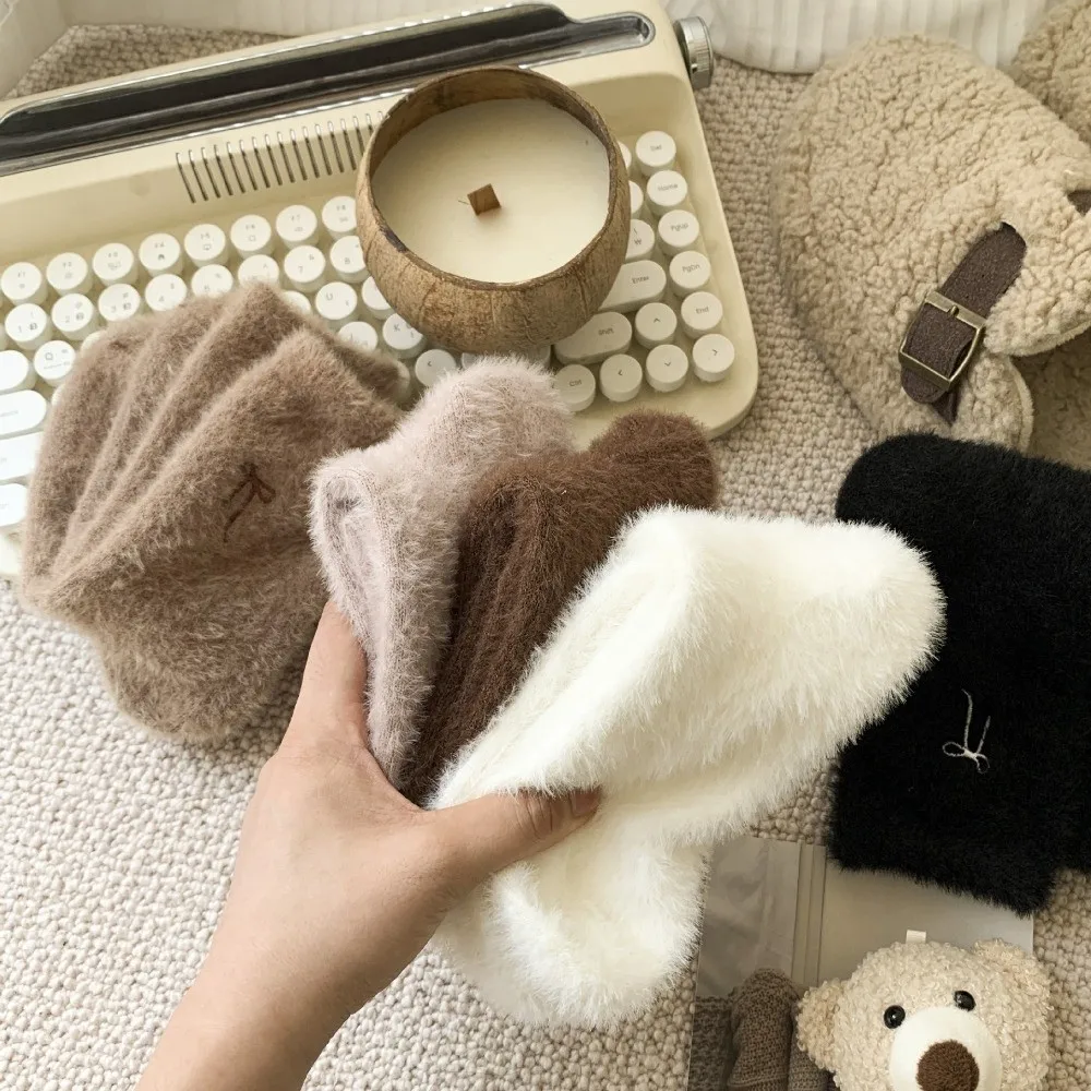 

Autumn Winter Warm Floor Socks Bowknot Embroidered Furry Socks Cartoon Soft Sleep Socks Women