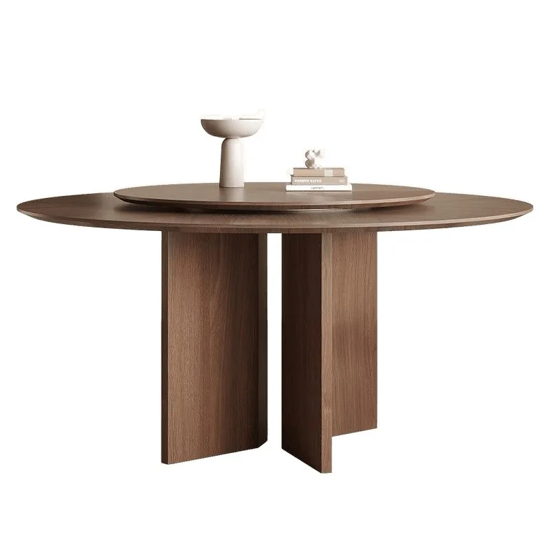 

Retro solid wood round table for home use, small apartment dining table, black walnut, parquet with turntable