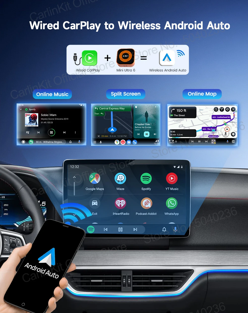 Mini Ultra 6 4-in-1 Wireless-Adapter, kabelloses Bildschirm-Spiegelungsgerät, Android Auto CarPlay-Adapter für kabelgebundene CarPlay-Fahrzeuge, einfache Verbindung. – Detail 6