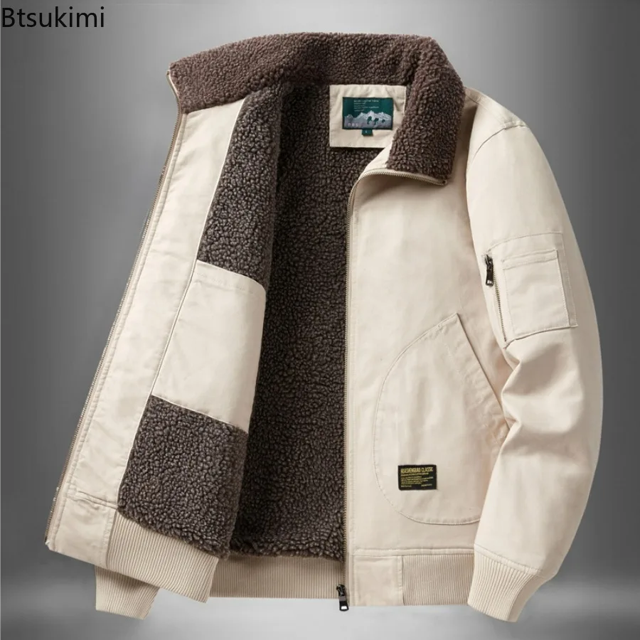 Men's Autumn Winter Lamb's Wool Jacket Solid Color Fleece Workwear Plus Size Outdoor Travel Lapel Coat Men Warm Cotton Clothing