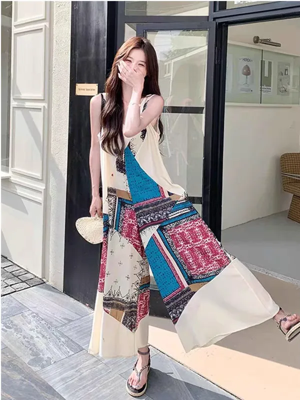 

Утягивающие широкие брюки с принтом, длинные тонкие женские летние новые модные цельные костюмы с высокой талией