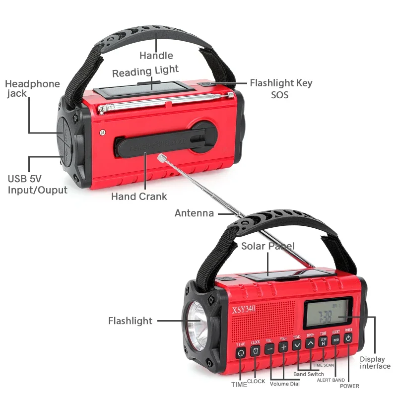 Waterproof 10000mAh Weather Radio Solar Hand Crank Emergency Radio AM/FM/SW/NOAA Alert Portable Radio with Flashlight Reading