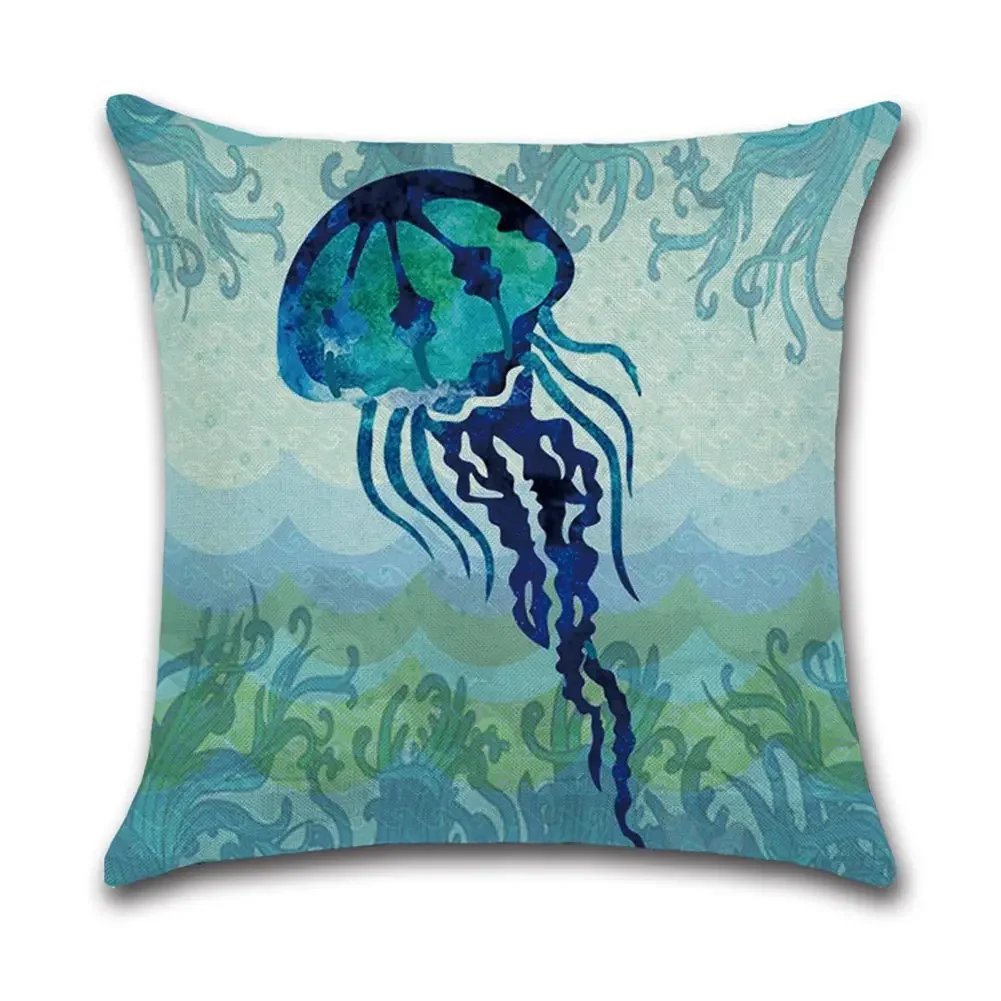 Blue jellyfish seahorse sea turtle sea star linen pillowcase sofa cushion cover home decoration can be customized for you 40x40