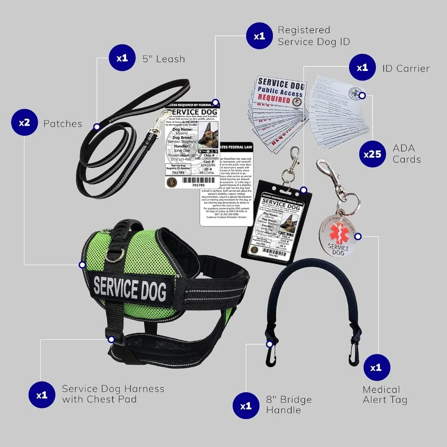 ActiveDogs Full Service Dog Kit - Small Lime - Service Vest Harness with Handle ID Holder ADA Cards Medical Alert Keychain Leas