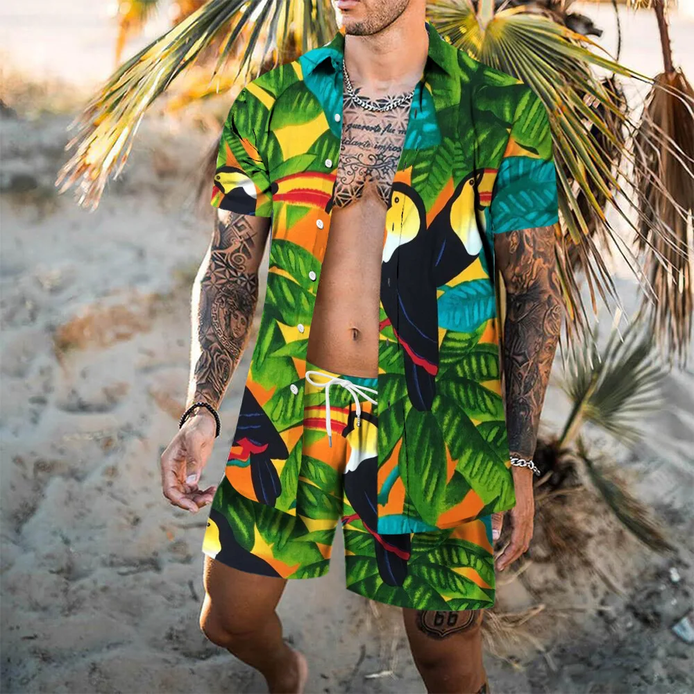 طقم عطلة كاجوال للرجال، شورت فضفاض مطبوع عليه الفلامنكو ثلاثي الأبعاد، وأكمام قصيرة ومجموعة قميص شاطئ هاواي