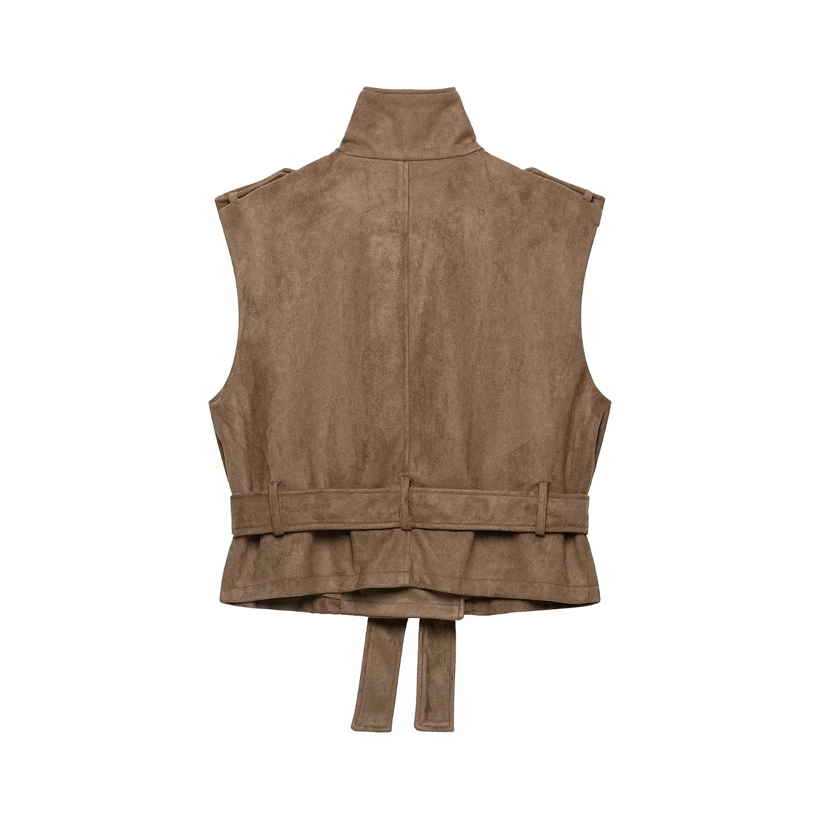 KONDALA Vintage Casual Chic Damen Wildlederweste Khaki Stehkragen Ärmellos Doppelreihig mit Taschen und Gürtel Modische Weste 2026 – Detail 3