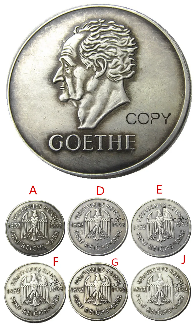 

GERMANY A set of 1932-A-D-E-F-G-J (6pcs)5 Reichsmark Silver Plated Copy coins