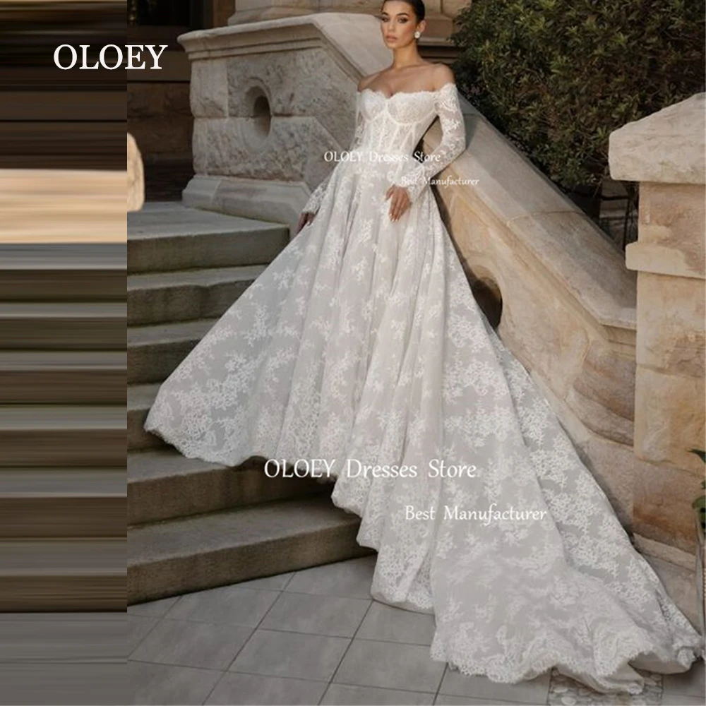 

OLOEY Exquisite Sweetheart Lace Wedding Dress Off Shoulder Long Sleeves Bridal Gown Sweep Train Custom Made Zip Button Back