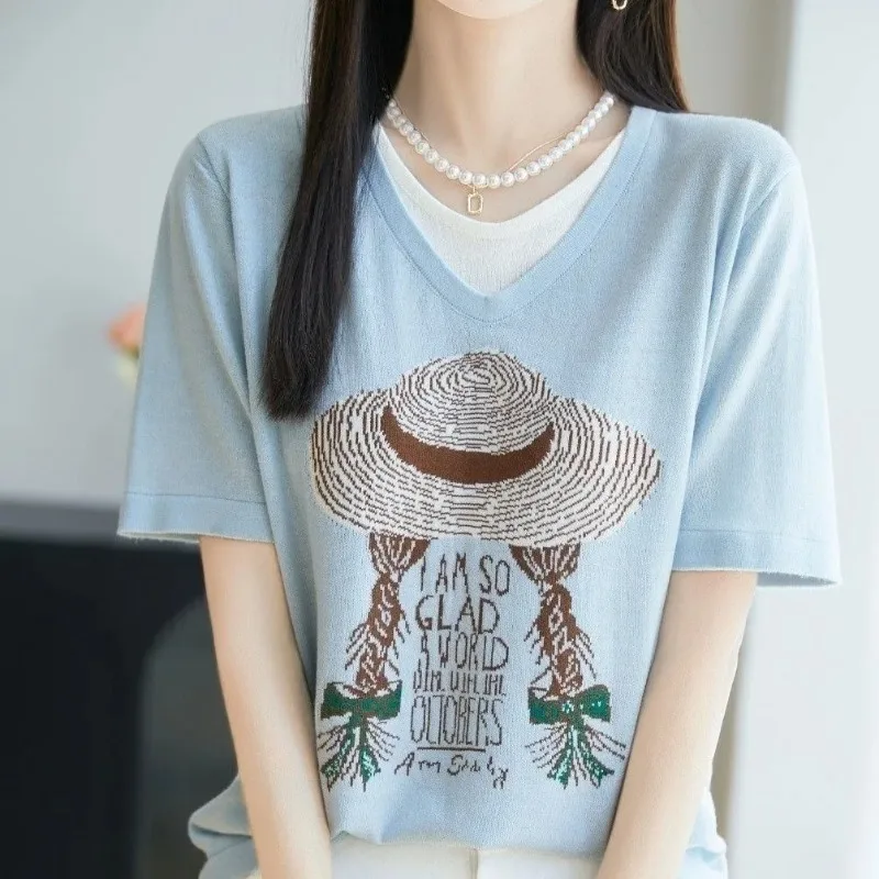 

Women's 100% Mulberry Silk Wool Blend Fake Two Piece V-Neck Knit Top