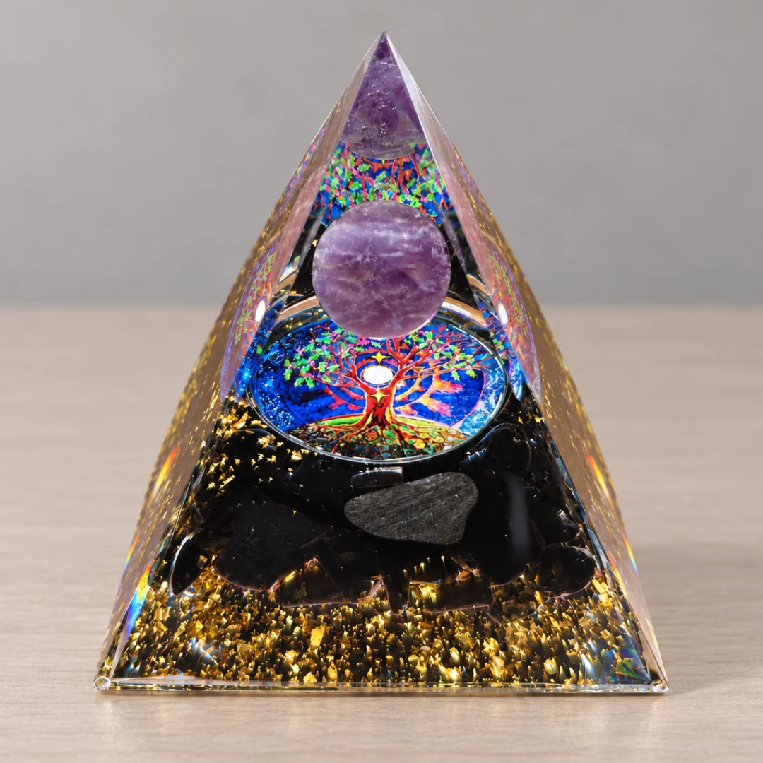 Natural Obsidian Chips Orgonite Pyramid Tree of Life Pattern Amethyst Sphere Resin Yoga Meditation Home Office Decoration