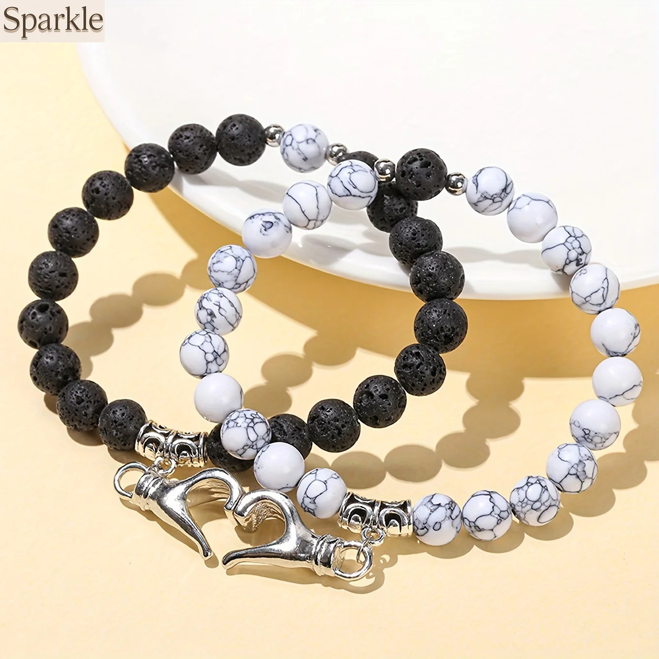 

Heart-shaped Magnetic Couple Bracelets Natural Volcanic Stone White Turquoise Hand-gesture Long Distance Romantic Lovers Gift