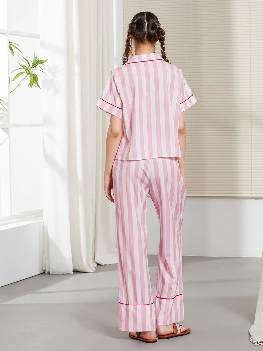 New Fashion Womens 2 Piece Pajama Set Short Sleeve Stripes Print Chest Pocket Shirt + Pants Set Sleepwear Loungewear S-XL