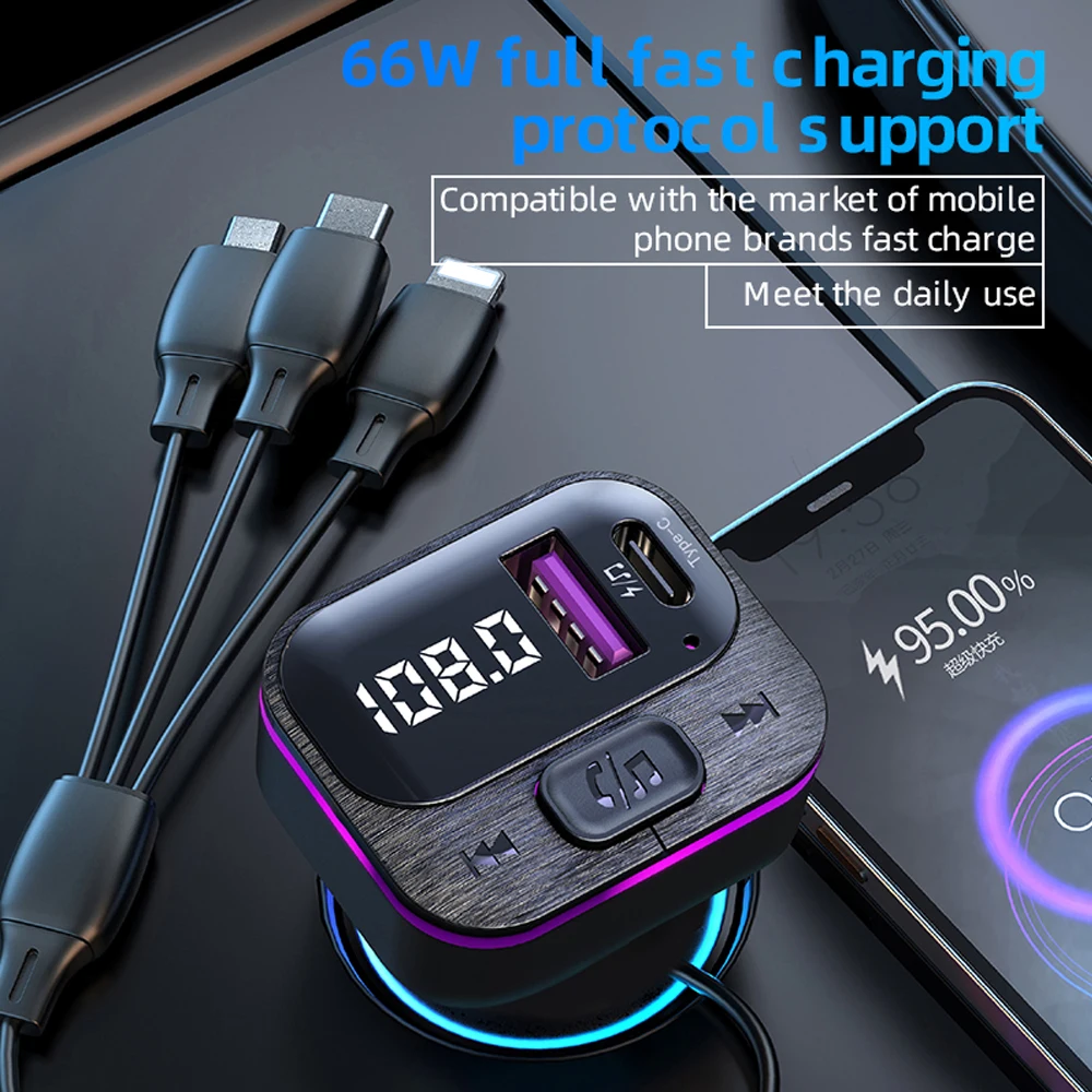 CS3 Car MP3 Player Bluetooth FM Transmitter Modulator Hands-free Dual USB Quick Charger 66W With 3 in 1 Fast Charge Cable