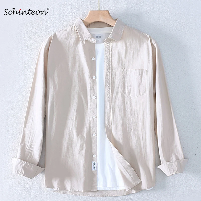Schinteon Men 97% Cotton Shirt Long Sleeved Turn-down Collar Top Quality Spring Summer Thin Casual Simple Solid Color Shirt 2025