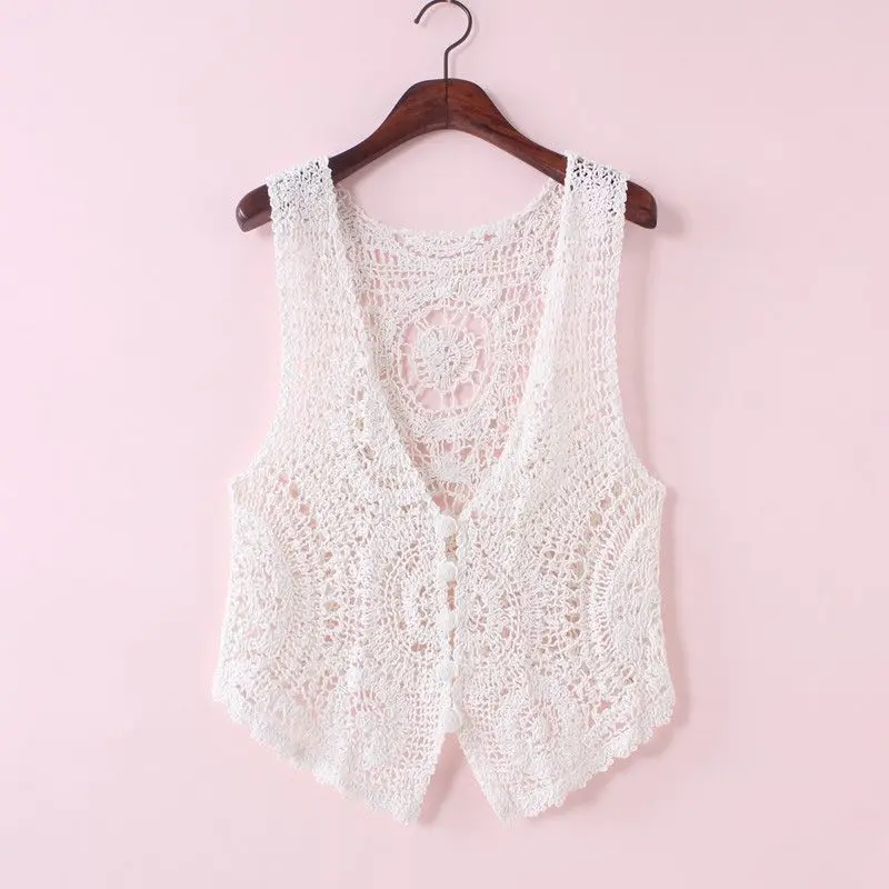 Women All-matching Sleeveless Hollow Out Tank Top Solid Color Knitted Waistcoat Crochet Cardigan Sweater Vest Women Outwear L61