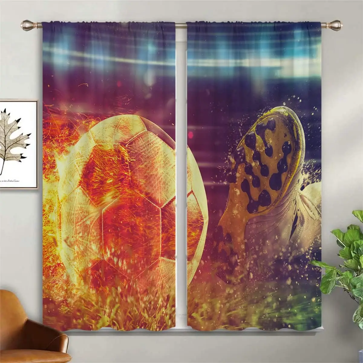 Sport Football Cleat Window Curtain Fiery Soccer Ball Lawn Neon Stadium Rod Pocket Window Panels Teen Boy Game Room Home Decor