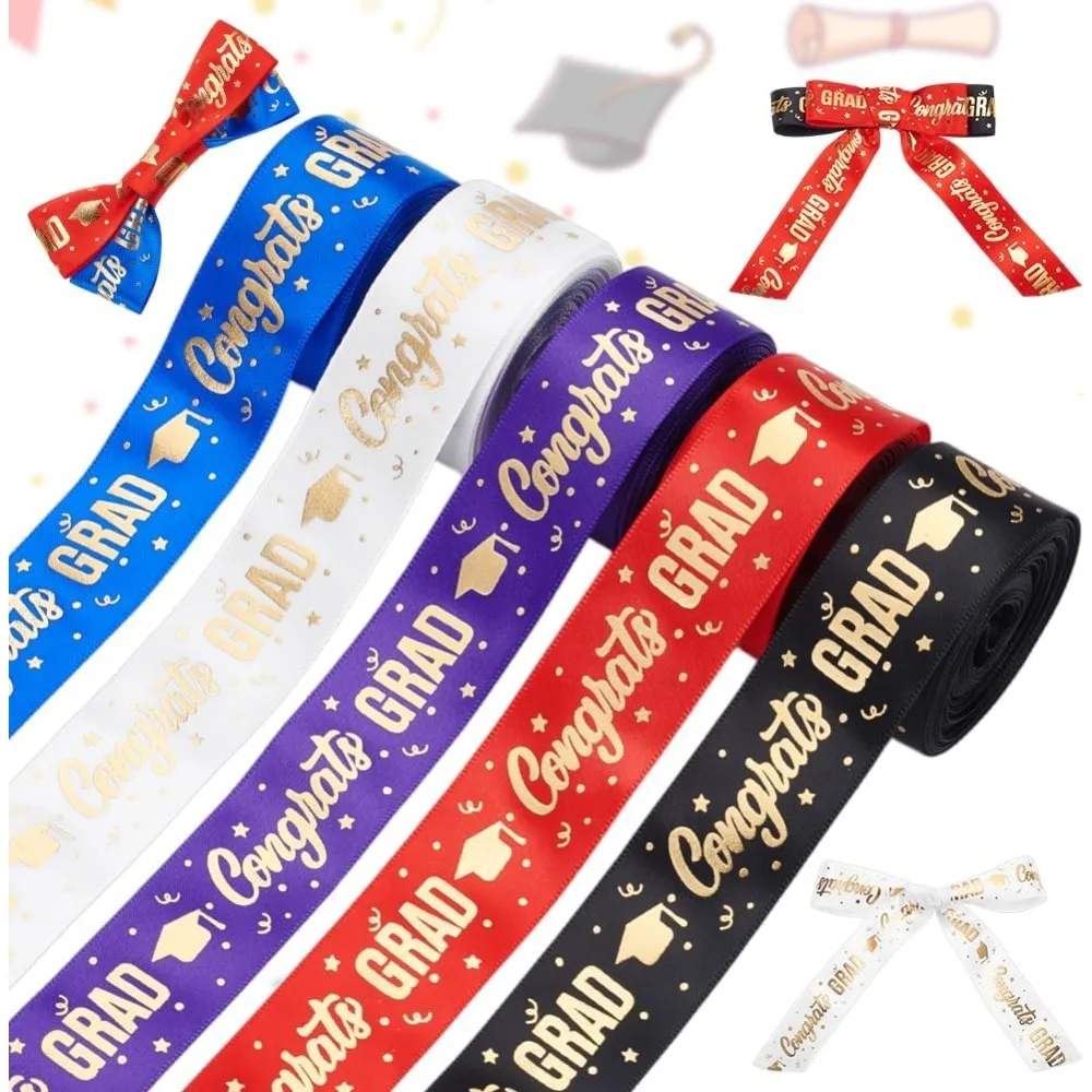 

5 рулонов выпускной ленты, 1 дюйм, 2025 поздравлений, выпускные ленты, золотистая лента с принтом, полиэстеровые ленты для рукоделия в репсовую ленту