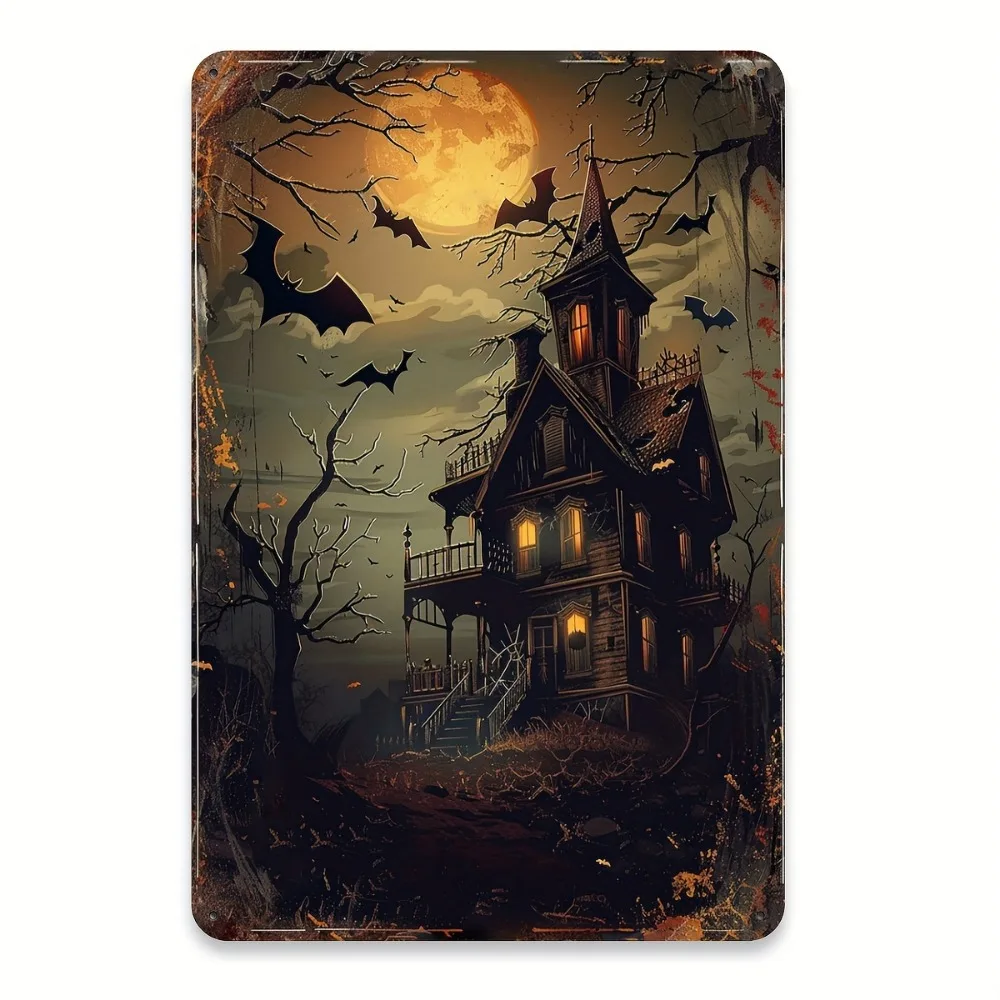 Vintage Haunted House Metal Tin Sign Gothic Halloween wall art for living rooms, gardens, gyms, cafes, garages 16x12inch 40x30cm