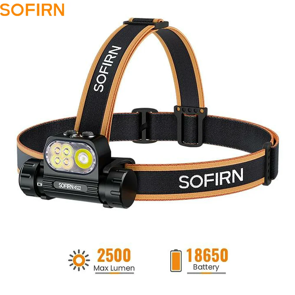 Lanterna de Cabeça SOFIRN HS22 2500 Lumens LED SFT25R com Interruptor Duplo Luz Branca Fria 6000K e Luz Quente 2700K para Uso Externo