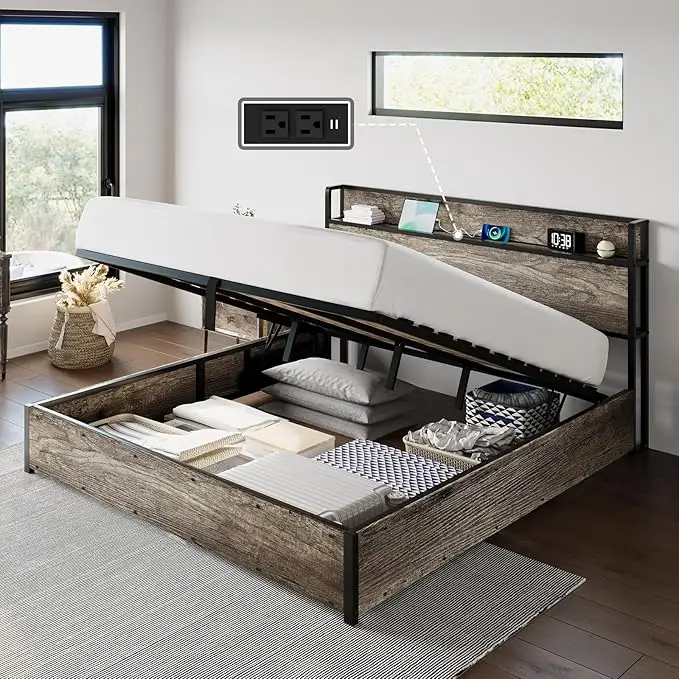 King Size Lift Up Storage Bed Frame,  Platform  Frame with Lifting Storage & Charging Station, No Spring Box Needed/Noise Free