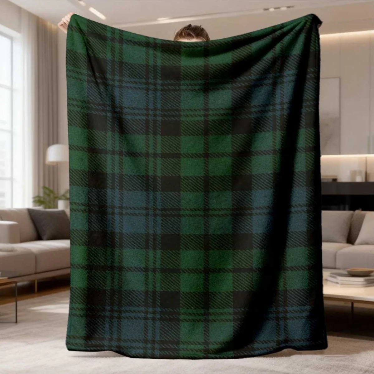 2026 New Flannel Blanket Release 1pc Classic Green & Blue Checkered Flannel Throw - Soft, Breathable, Suitable for All Seasons,