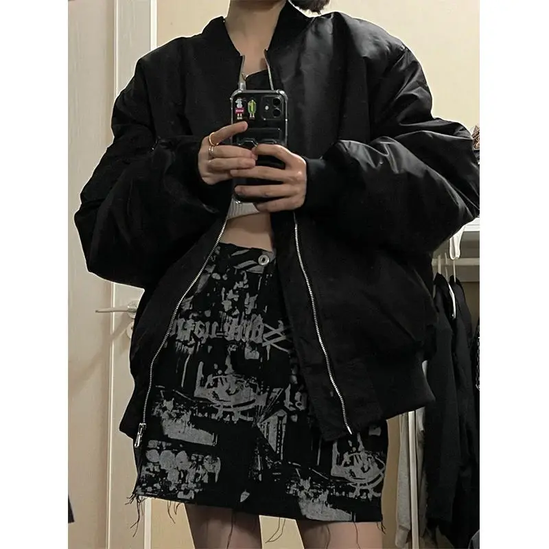 KOSAHIKI Womens Coats and Jackets Autumn High Street Hip Hop Baseball  Coat Skull Print Loose Jacket Y2K Tops 2024 Grunge