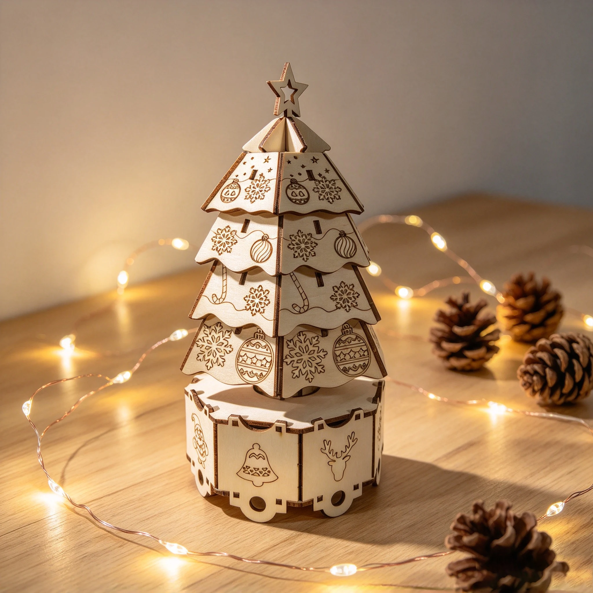 3D Wooden Christmas Tree Music Box Puzzle, DIY Assembly Ornament, Creative Holiday Table Decoration, Atmospheric Gift