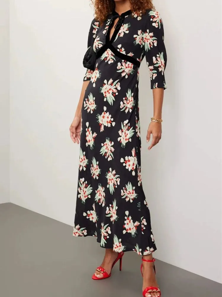 

Velvet Splice Women Maxi Dress 100% Viscose V-Neck Lace-Up Vintage Floral Print Lady Three Quarter Sleeve Robe 2024 Early Autumn