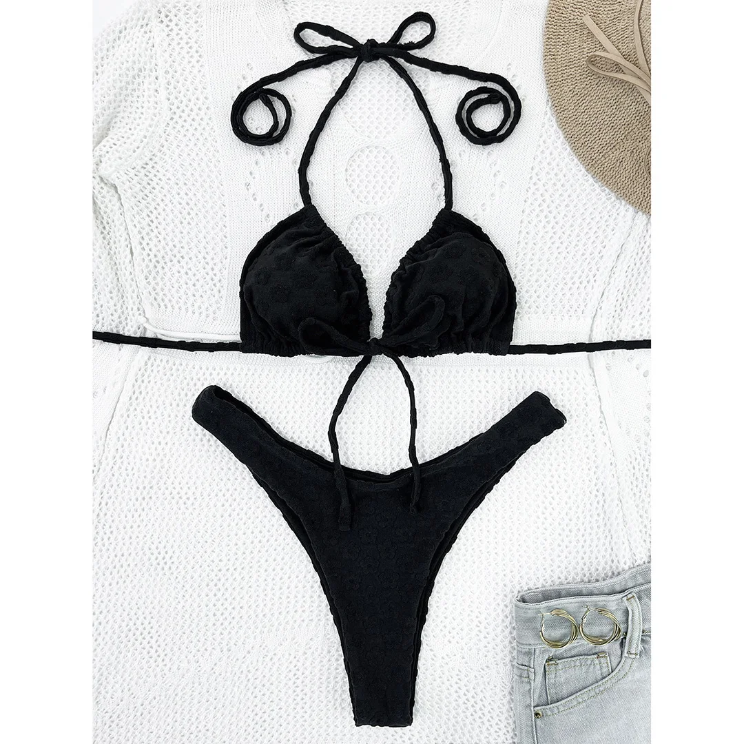 Rosa, verführerischer Bikini mit Neckholder-Ausschnitt, brasilianischer Schnitt, mittelhoher Bund, zweiteiliges Badeanzug-Set für Damen, Badebekleidung, Badeanzug, Modell V4560. – Detail 21