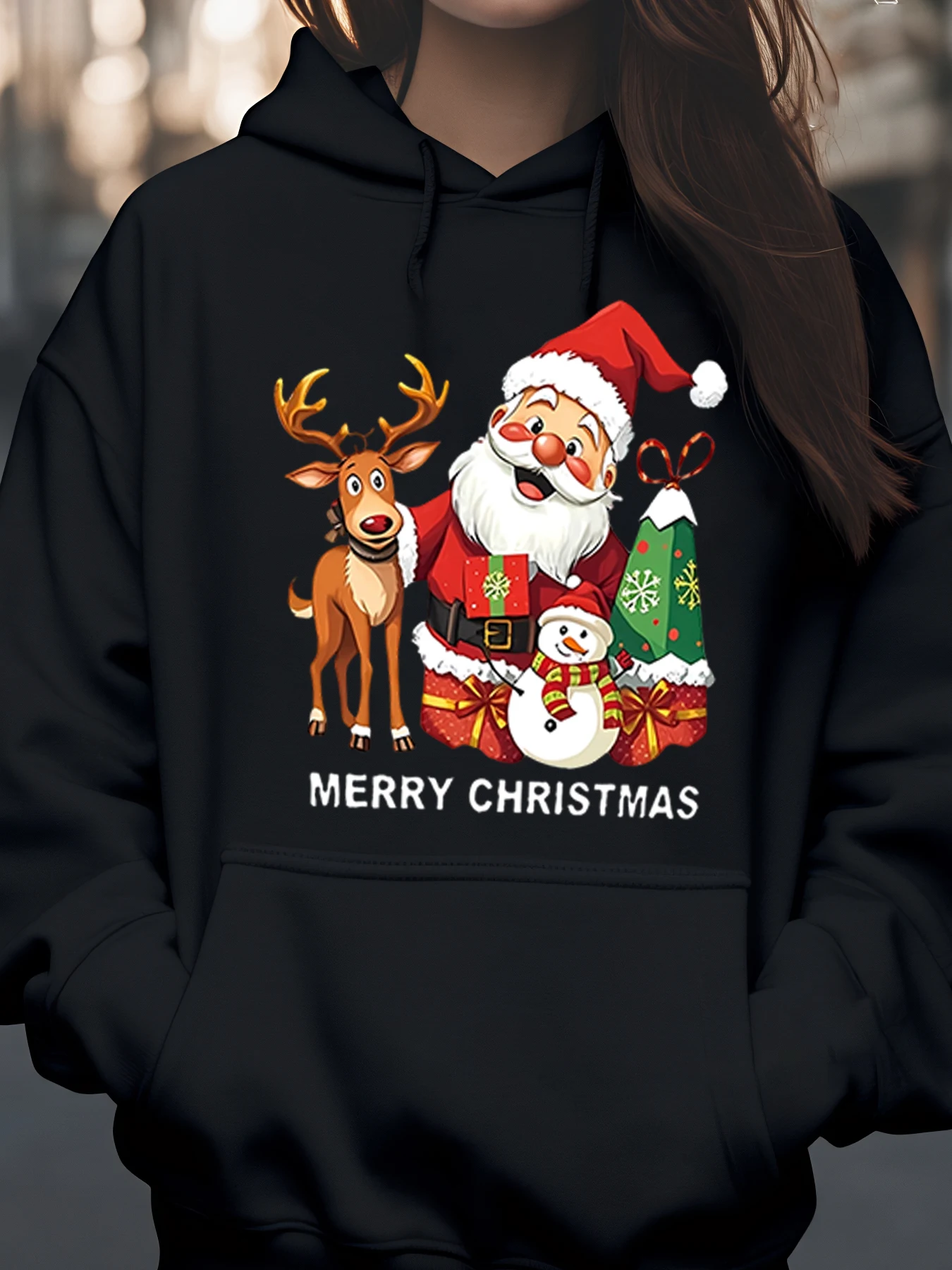 Santa Reindeer Snowman Christmas Print Hoodie Holiday Gift Unisex Wear