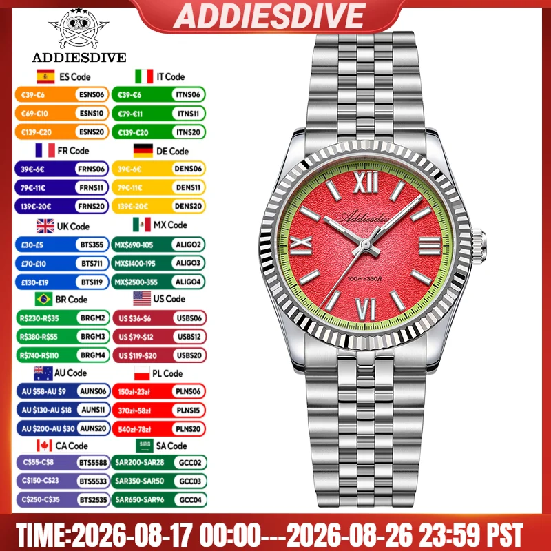 ADDIESDIVE Neue AD2535 Quarzuhren Fun Fruit Series VH31 Saphirglas Wasserdicht 10Bar BGW9 Leuchtende Luxus-Herrenuhr