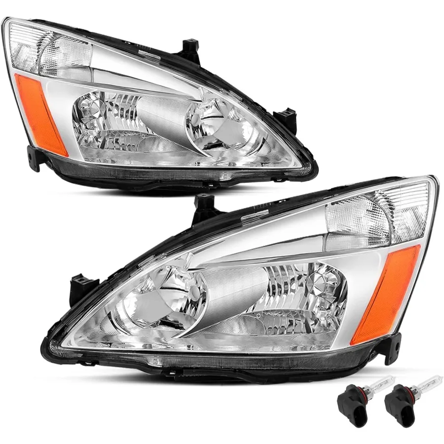 مجموعة المصابيح الأمامية متوافقة مع مبيت هوندا أكورد كروم 20032007 مع عاكس كهرماني للركاب وجانب السائق Appl