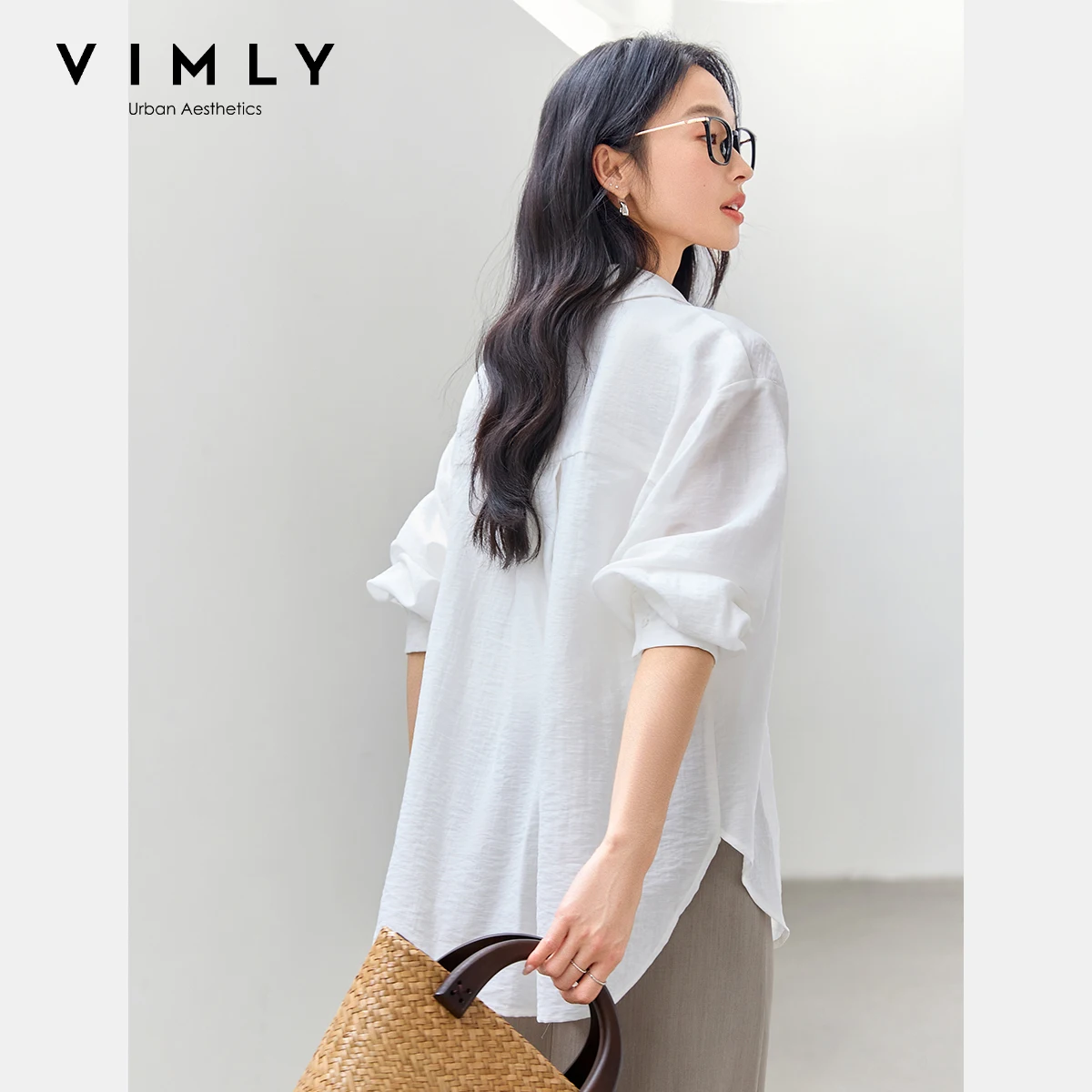 VIMLY White Shirt Women 2025 Spring Autumn Casual Long Drop Sleeve Loose Fit Button Up Shirts Blouse Ladies Elegant Top A0116
