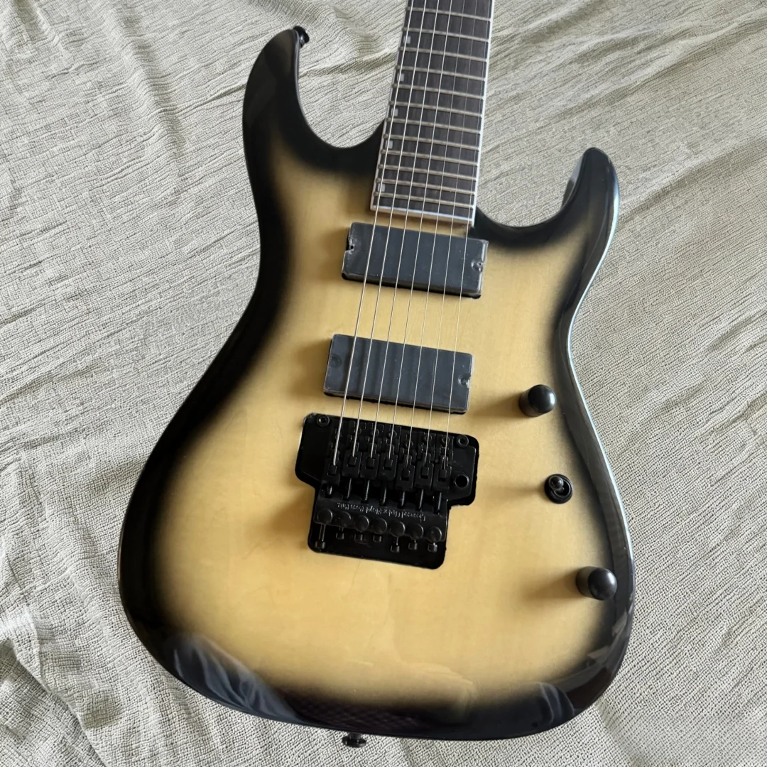 7 String Solid Body Electric Guitar, Natural Black Burst Finish, Dual Humbuckers, Double Locking Tremolo