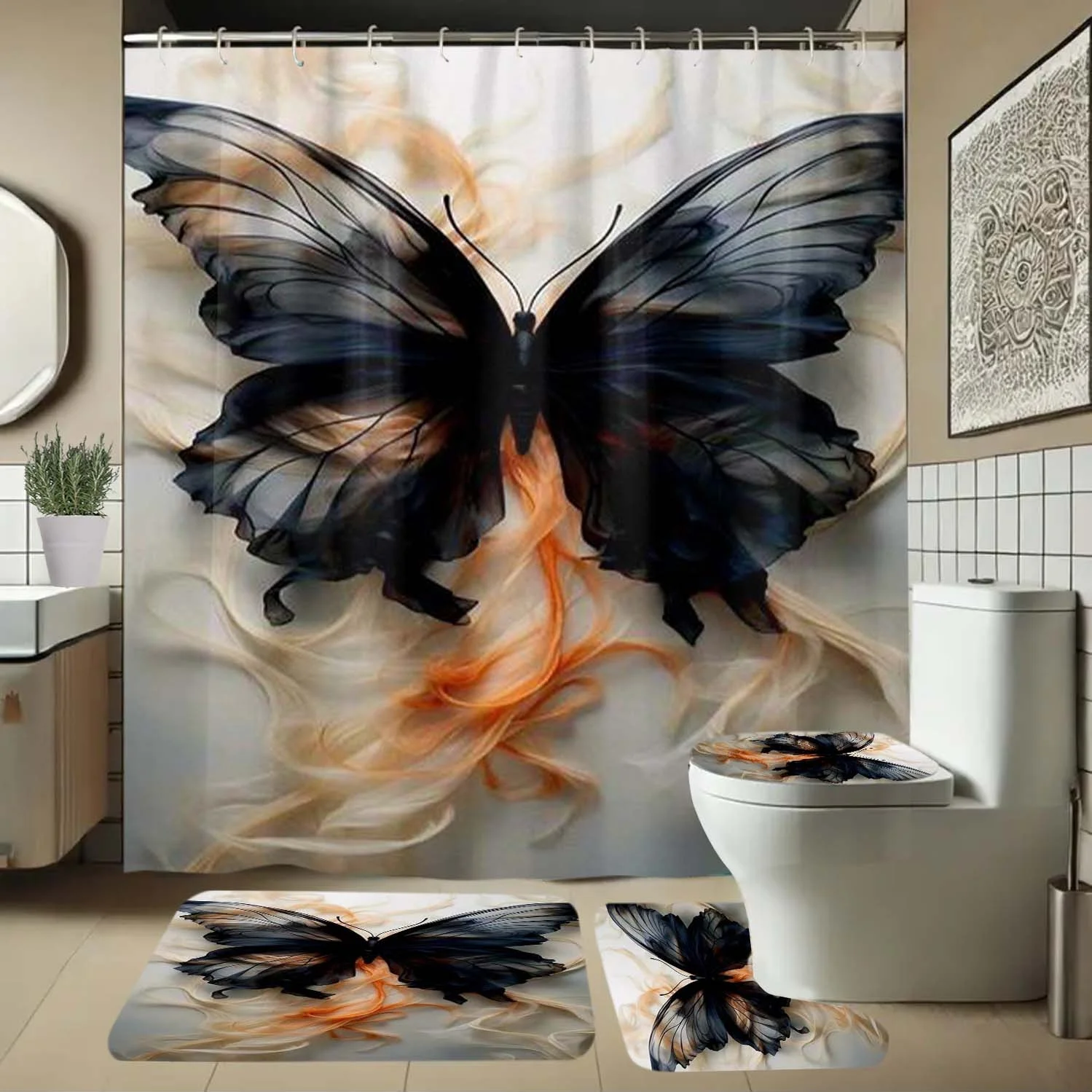 

4 шт., занавеска для душа с узором черного пламени и крючками, занавеска для перегородки в ванной, аксессуары для ванной комнаты, всесезонная