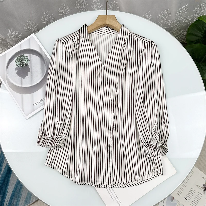 

Элегантная женская рубашка в деловом стиле с V-образным вырезом, в полоску, с длинным рукавом, свободного кроя, на пуговицах, модная, удлиненная (7/8)