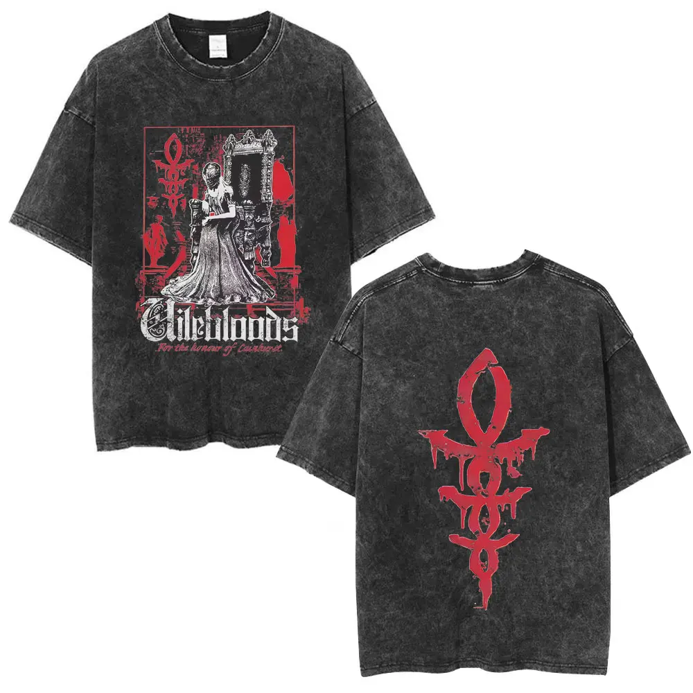 

Washed Vintage Game Bloodborne Horror Hunter T Shirt Men Women Casual Rock Cotton T-shirt Male Gothic Retro Oversized Streetwear