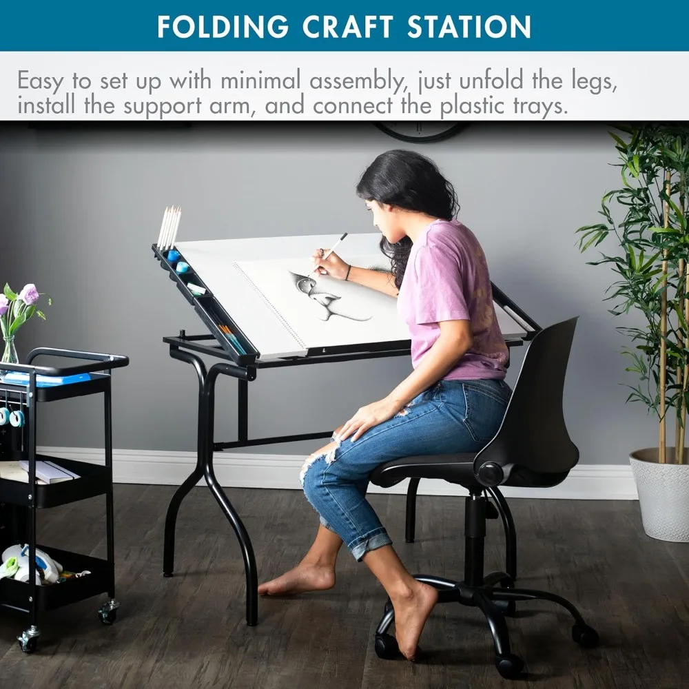 Adjustable Modern Folding Craft Table, 35.25 Wide x 23.75 Deep, Black and White