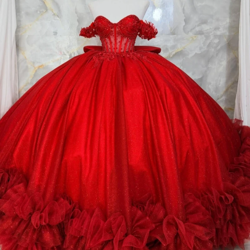 

Red Shiny Quinceanera Dresses Off The Shoulder Applique Beading Crystal Tiered Tull Corset Party Birthday Sweet 16 Dress Vestido