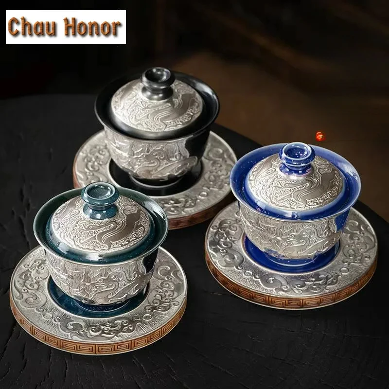Handmade 999 Gilded Silver Tea Tureen High End Relief Non Hot Tea Bowl Chinese Tea Brewing Kettle Kung Fu Teaware Utensil Gifts