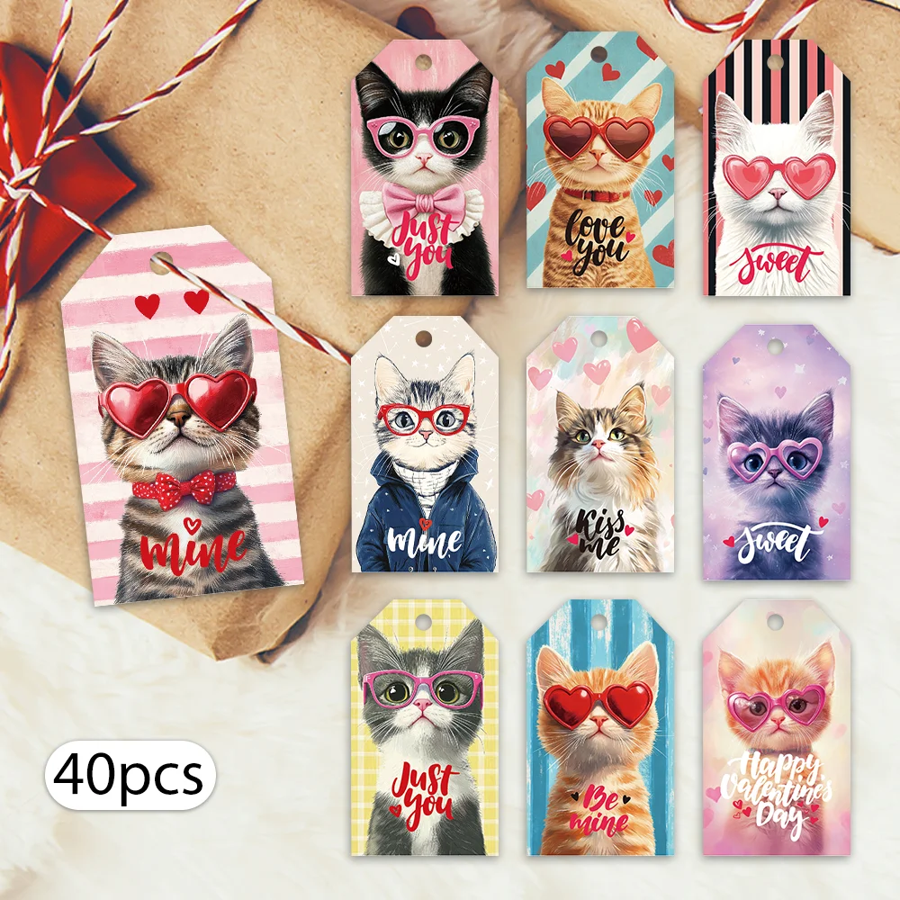 40pcs Cat Glasses Decorative Tags, Cute Aesthetic Gift Labels,Party Decoration,Handmade Packaging Accents,Cards,Colorful Strings