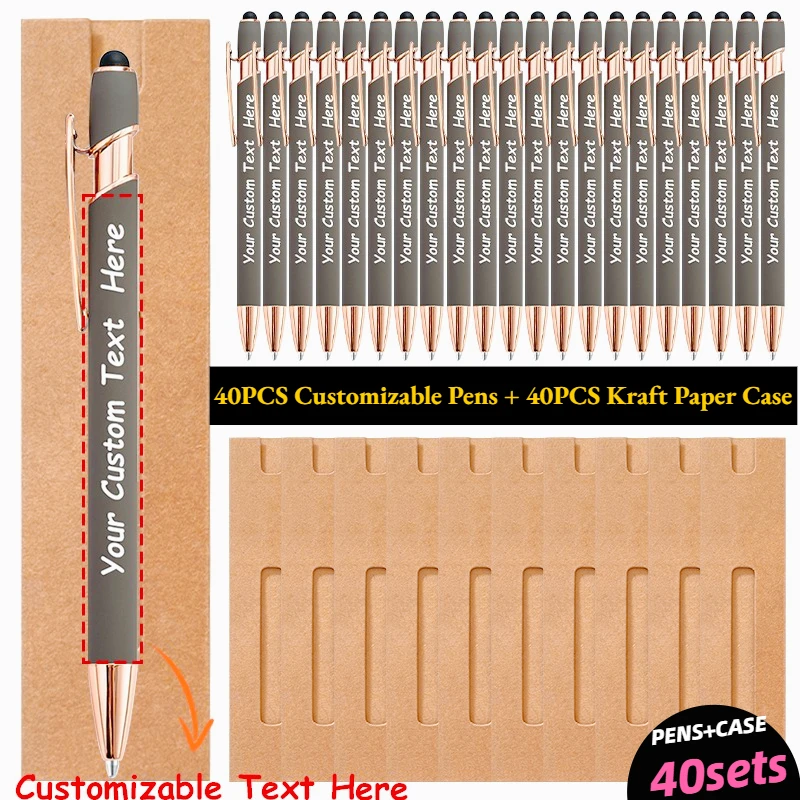 40 sets aanpasbare metalen balpennen set kraftpapier etui gegraveerd met namen bedrijfswebsites voor verjaardagscadeaus