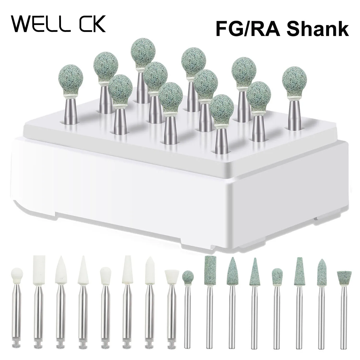 12Pcs WELLCK Dental Polisher White/Green Stone Flame Cone Round Shape Polishing Tool Metal Resin Porcelain Dentistry Instrument
