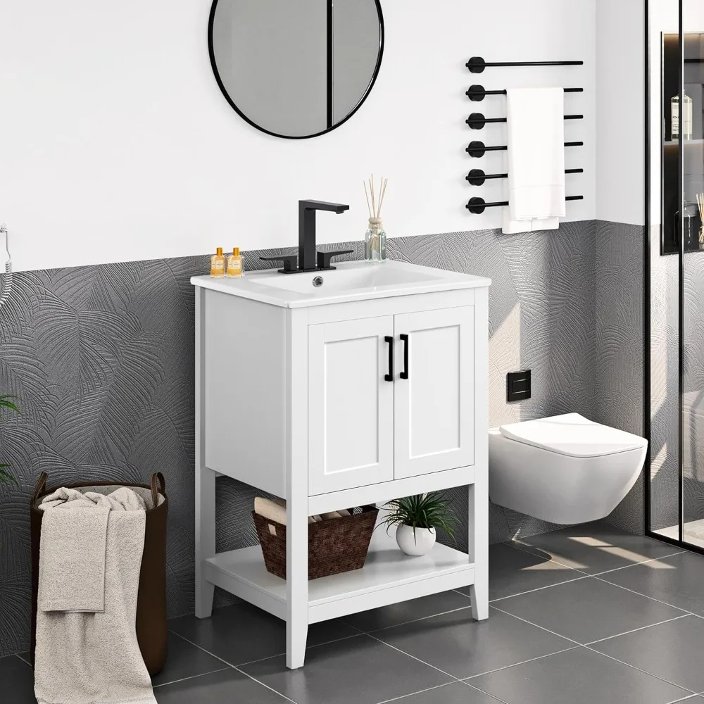 

24" Bathroom Vanity with Sink, Sink Cabinet with Rectangular Ceramic Basin, Vanities Cabinet with 2 Doors and 1 Open Shelf,White