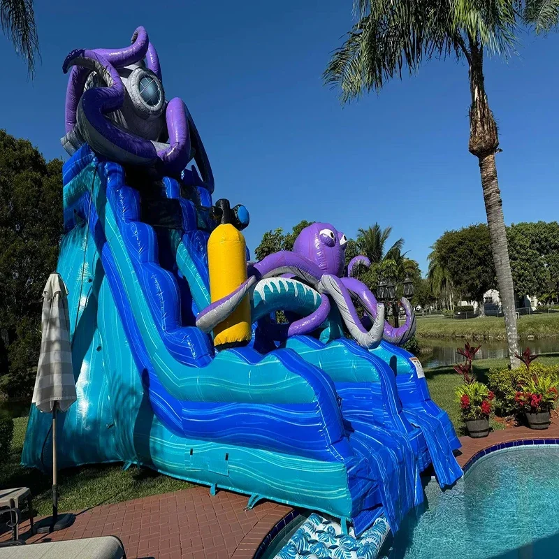 Newly Upgraded Giant Purple Octopus-themed Inflatable Long Double-channel Water Slide For Children And Adults With Paddling