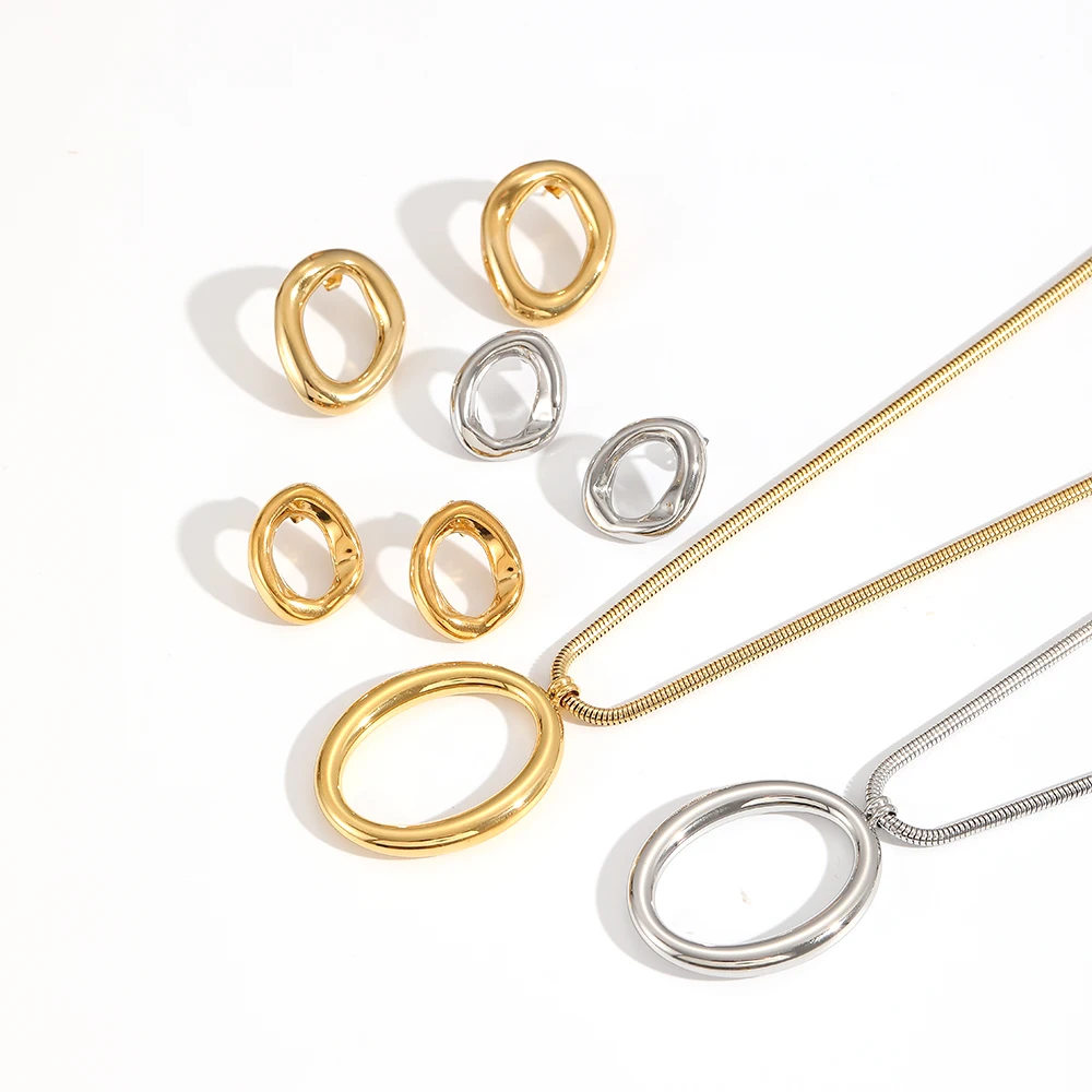 Minimalistisches Edelstahl-Halsketten- und Ohrring-Set mit Hohlmuster, 18K vergoldet, wasserdicht, Schmuckgeschenk für Frauen – Detail 1
