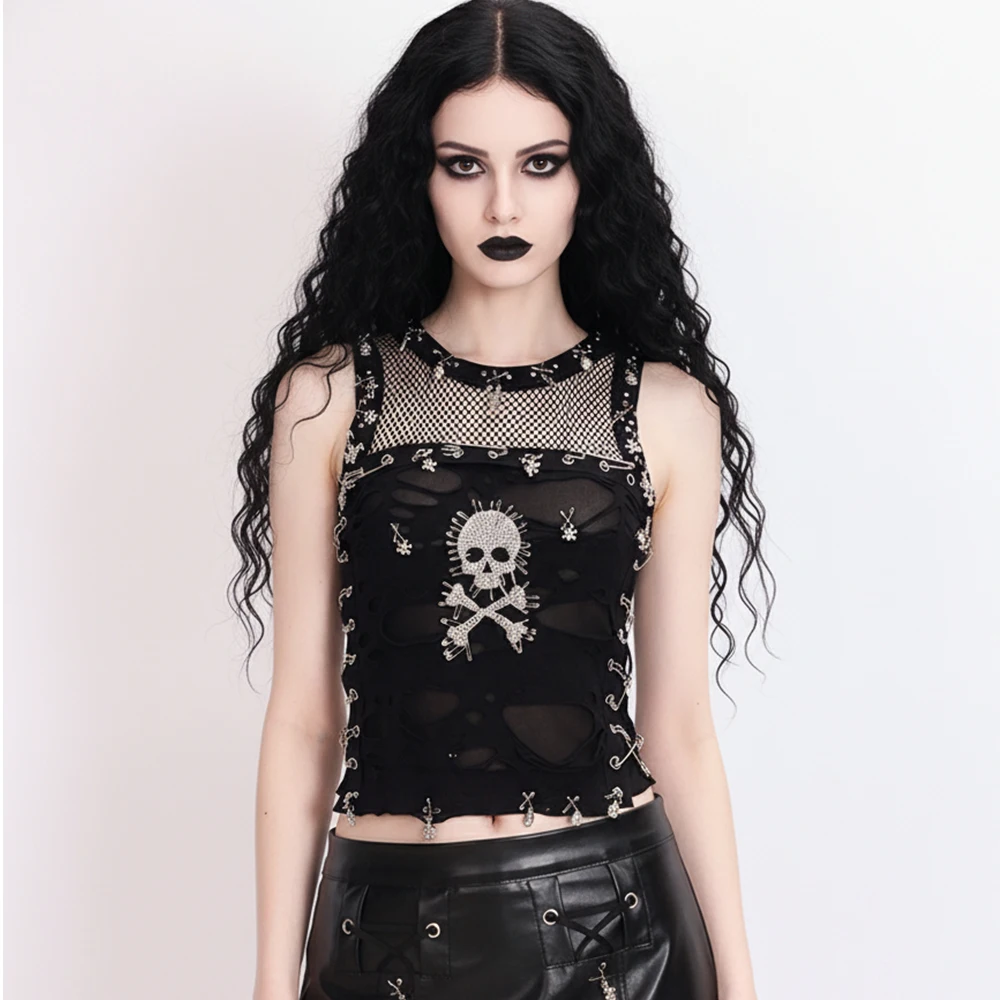 

E-Girls Y2K TOPS Goth Eco Hand Made Gothic Tank Pin Kawaii Teen DIY Harajuku Vintage 90s Club Wear Punk Rock Grunge Emo Skull