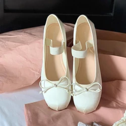 Women Shoes Satin Flat Mary Janes Ballet Designer Shoes Elastic Band PU Leather Pumps Elegant Woman Heeled Shoes Ladies 2023