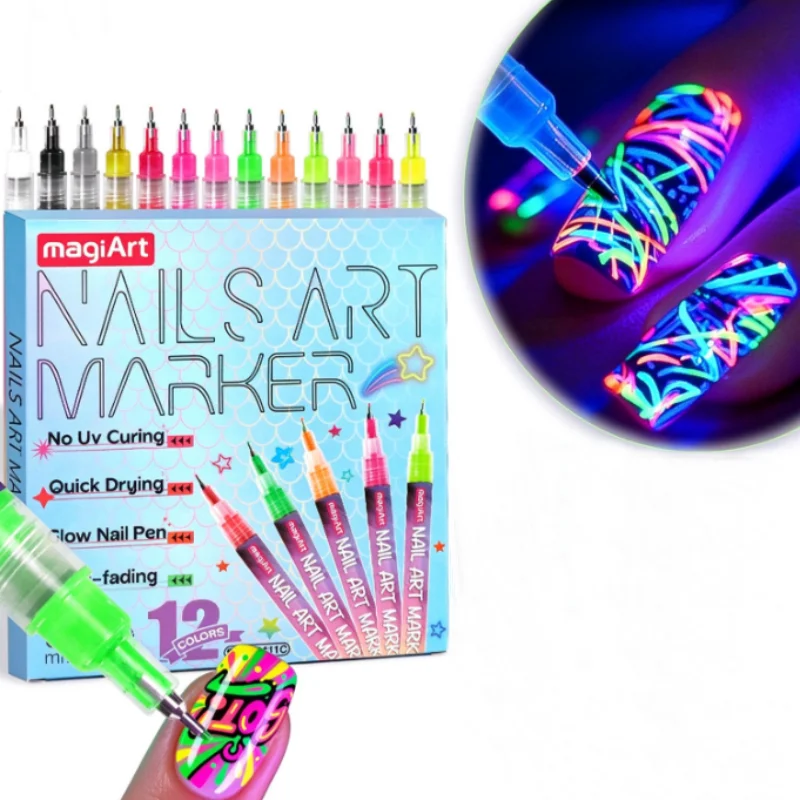 12-Color Glowing Nail Art Marker Set Fluorescent Nail Graffiti Pens DIY Nail Painting Tools for Party Festival Nail Decoration